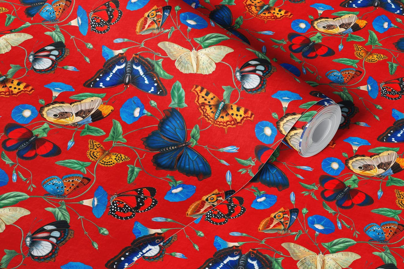 Papillonia - Morning Glory with Butterflies in Red SMALL wallpaper roll