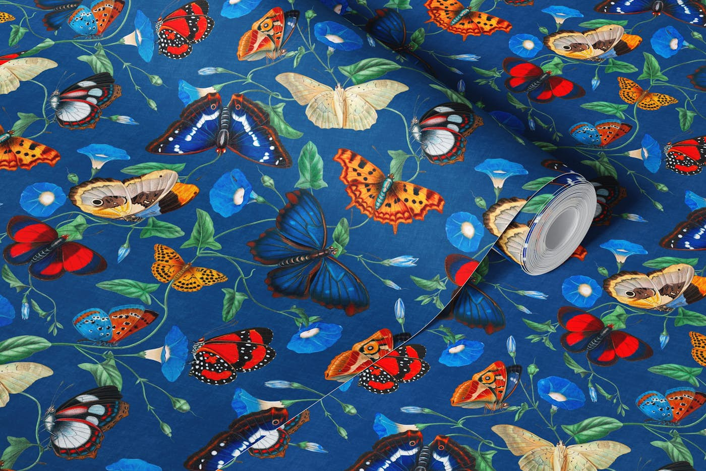 Papillonia - Morning Glory with Butterflies in Cobalt SMALL wallpaper roll