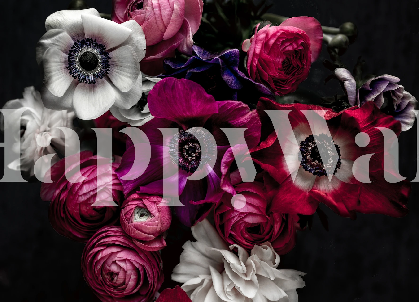 Dark Flowers 1 wall mural featuring lush pink and purple flowers on a black background