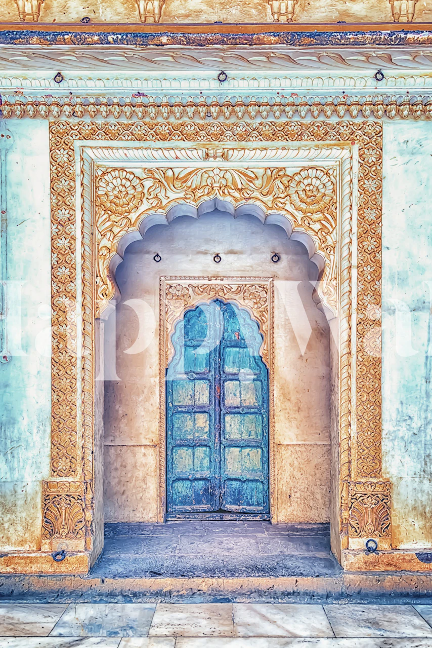 Geometric blue wall mural with intricate patterns and textures