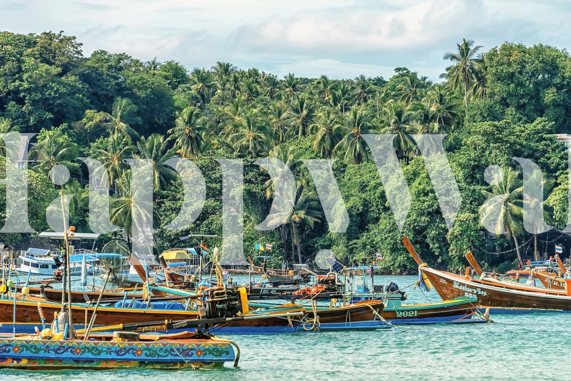 Tropical beach scene with colorful boats and palm trees wallpaper
