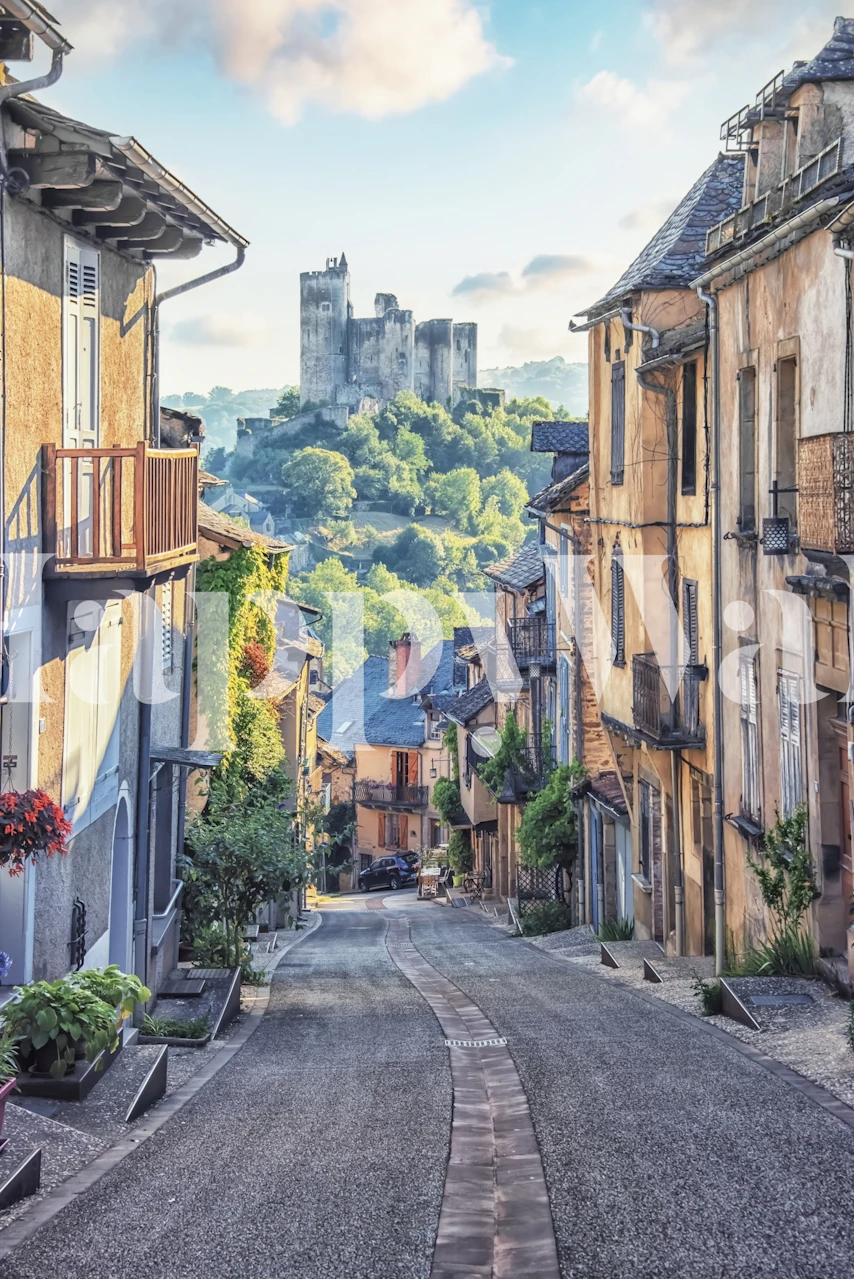 Charming village scene with stone buildings and castle wallpaper