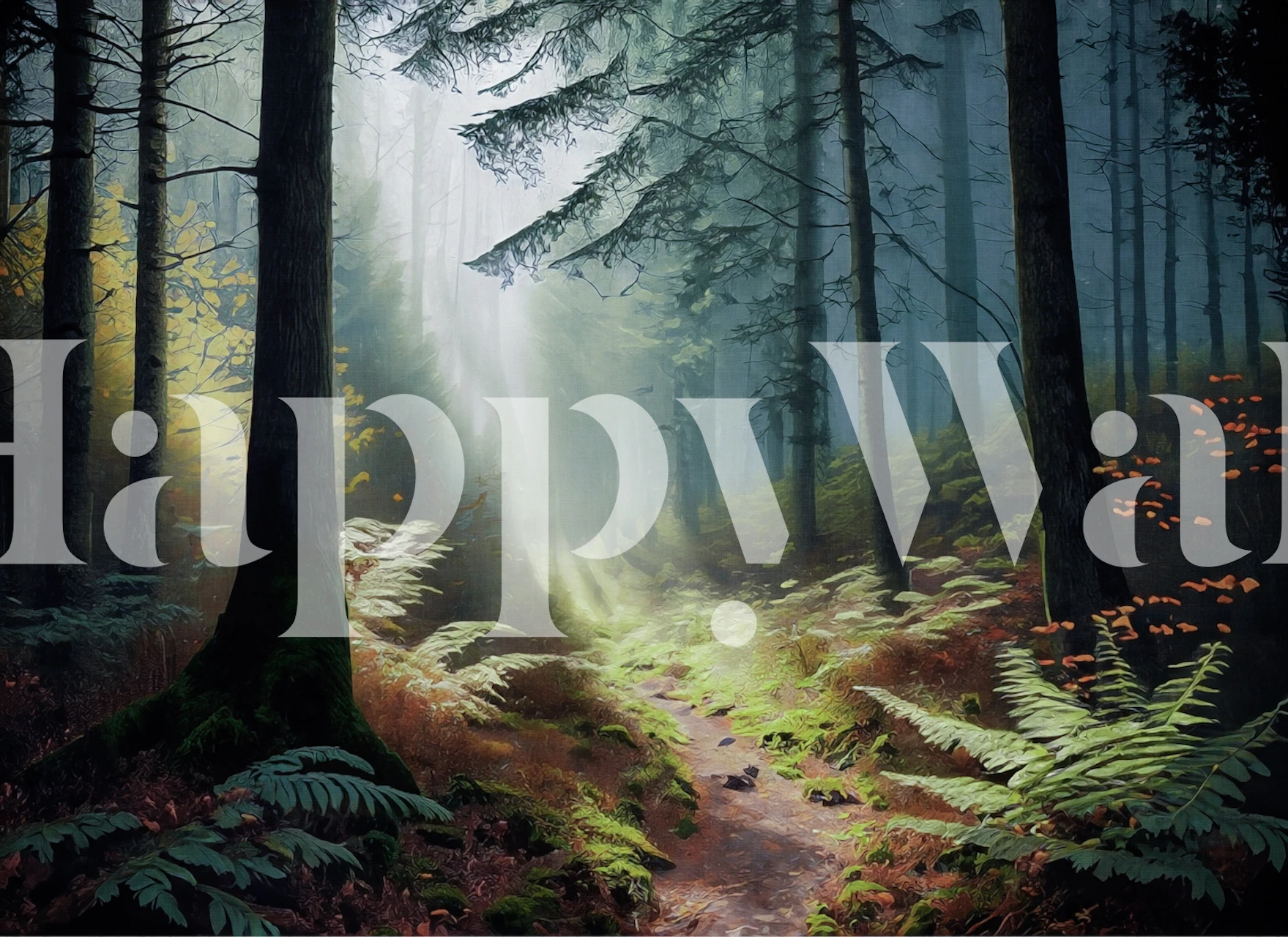 Forest path with light beams and green foliage wallpaper