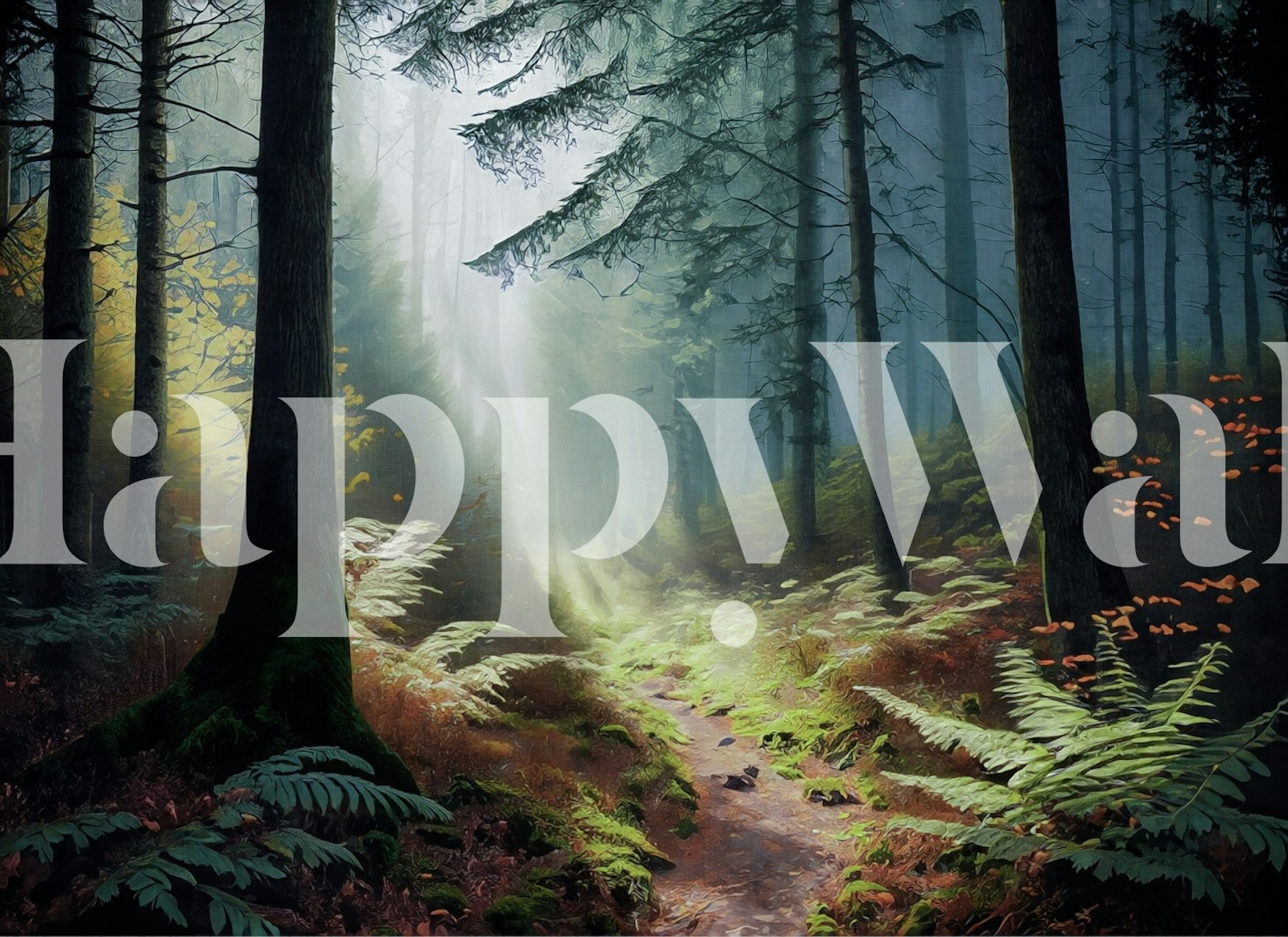 Forest path with light beams and green foliage wallpaper