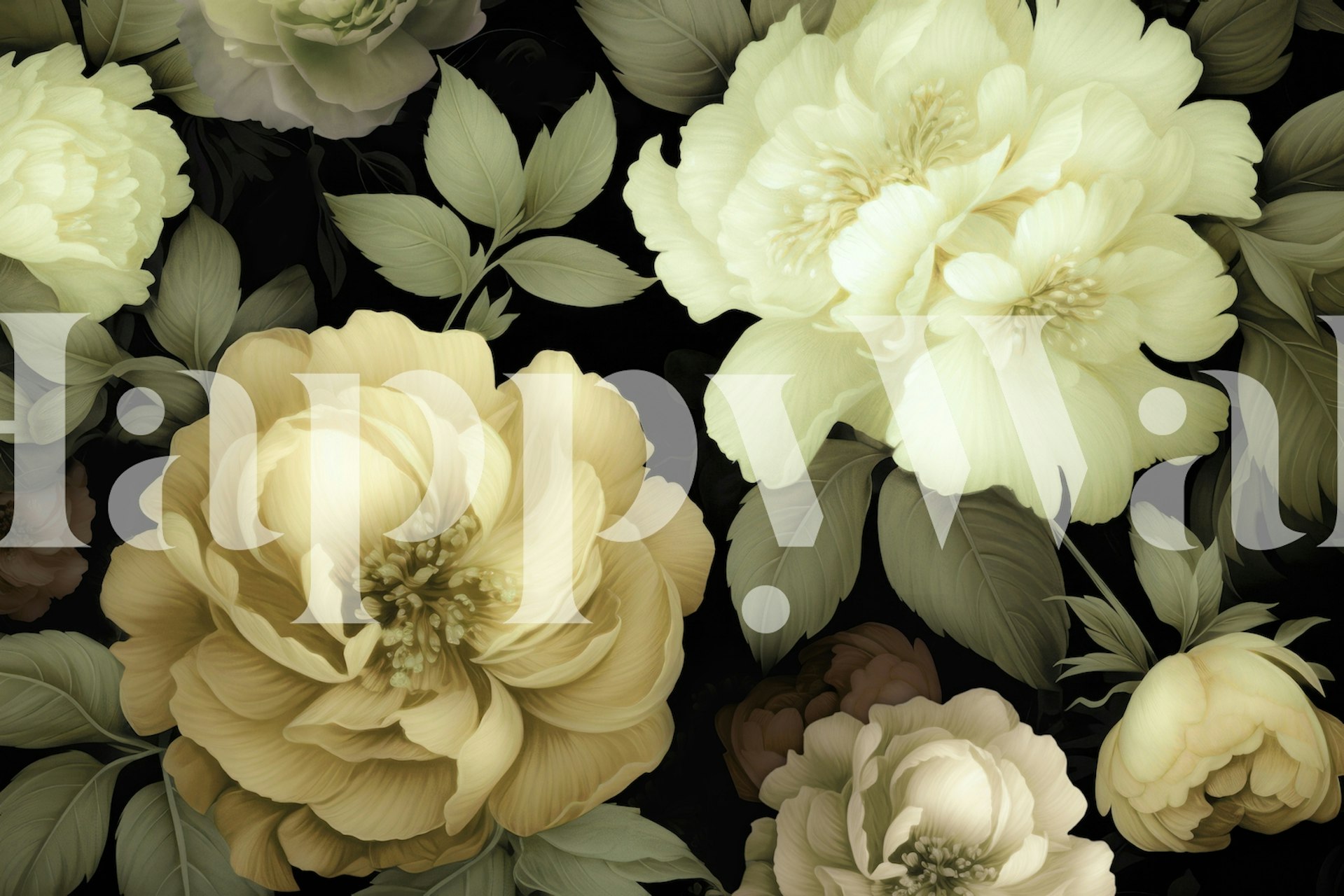 Lichtgroen weelderig barok bloemmotief op een donkere achtergrondmuurschildering