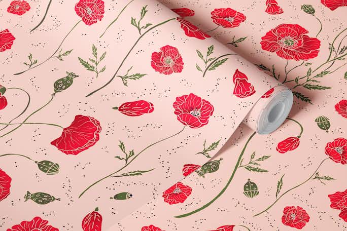Poppies Garden Pink Backgroundwallpaper roll