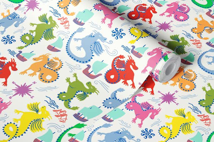 Rainbow dragons for kids roomwallpaper roll