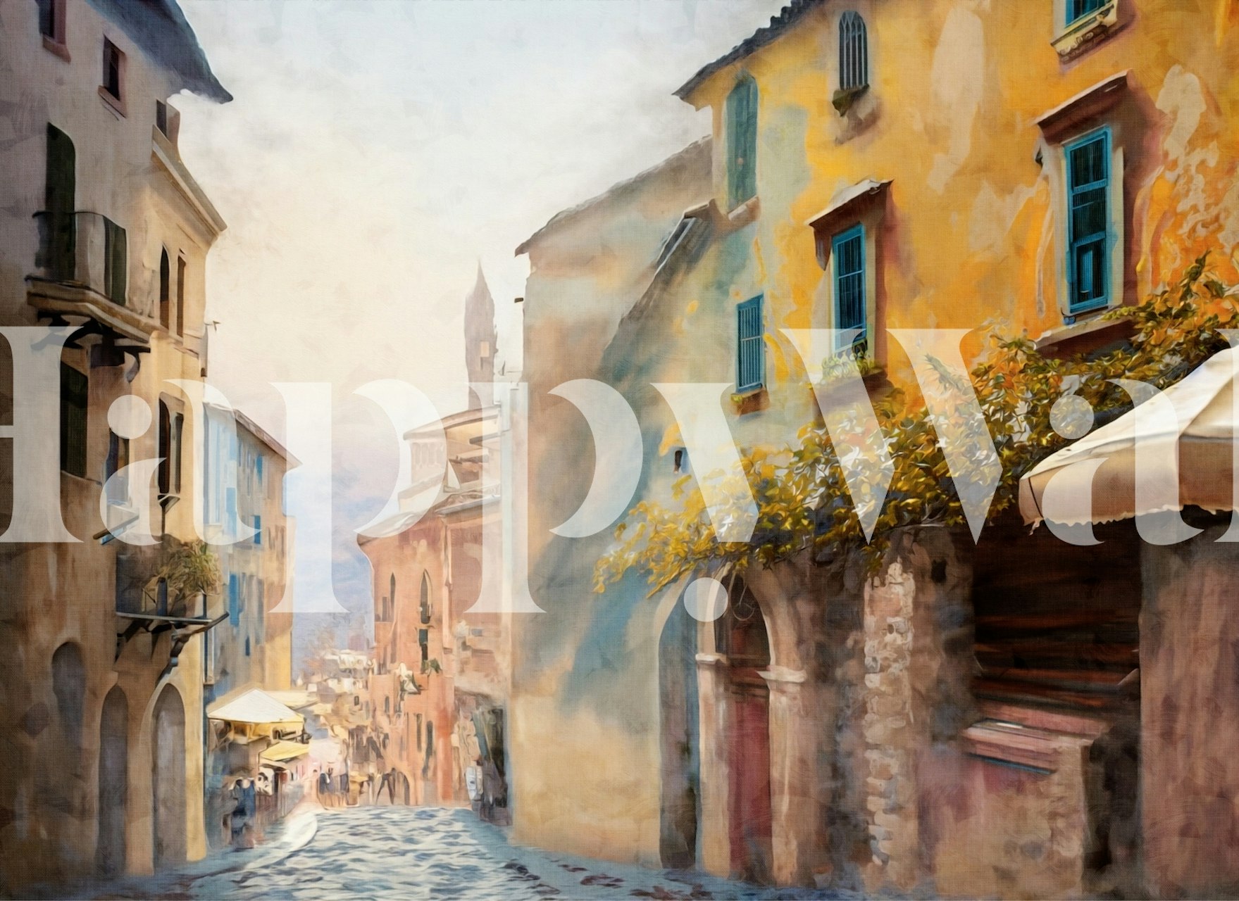 Italian village street scene with pastel buildings and cobblestone path wallpaper