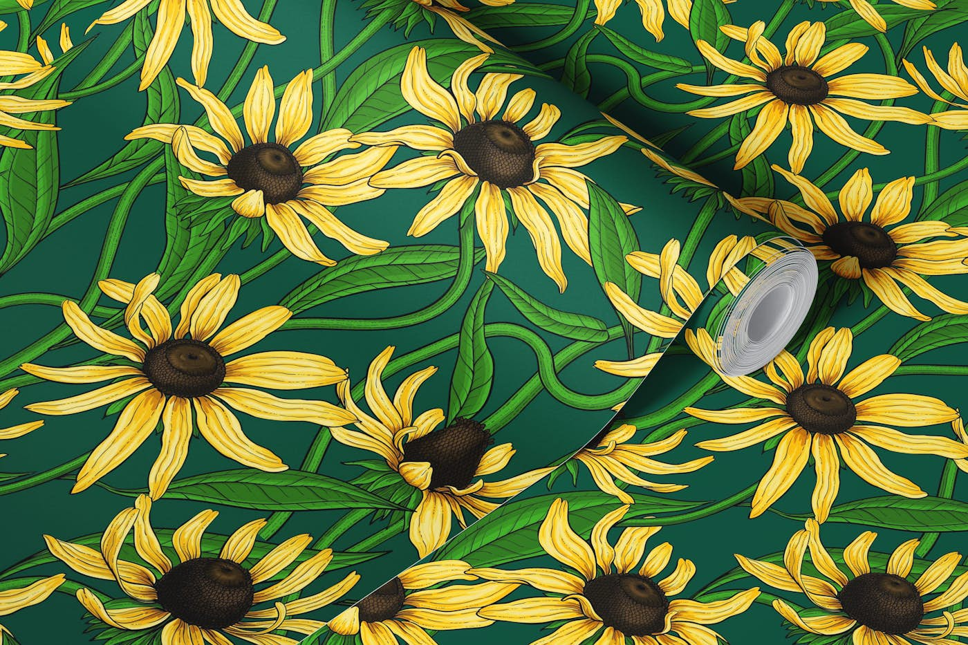 Yellow Rudbekia on dark green wallpaper roll