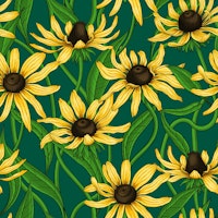 Yellow Rudbekia on dark green tapet
