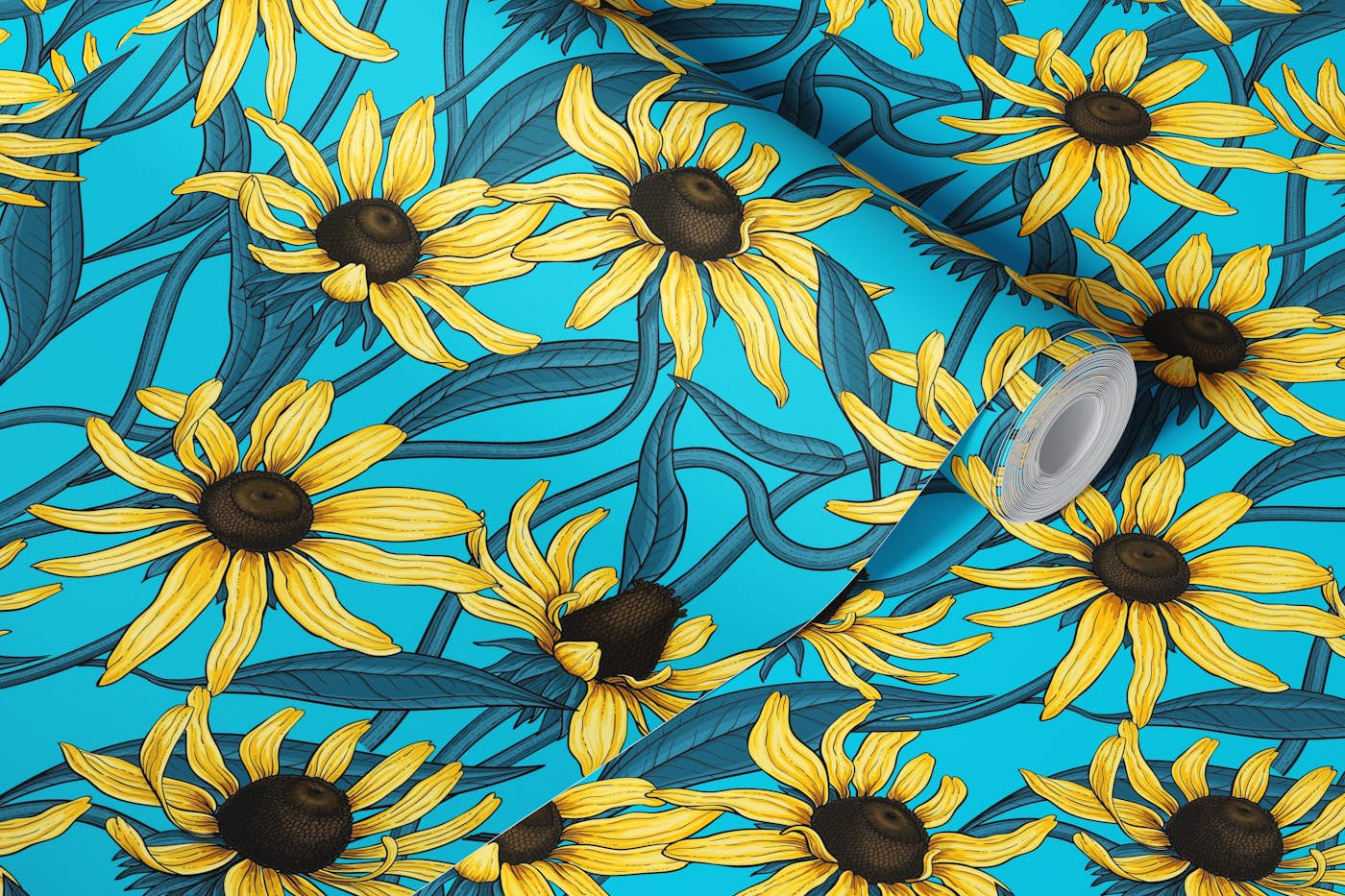 Yellow Rudbekia on blue wallpaper roll