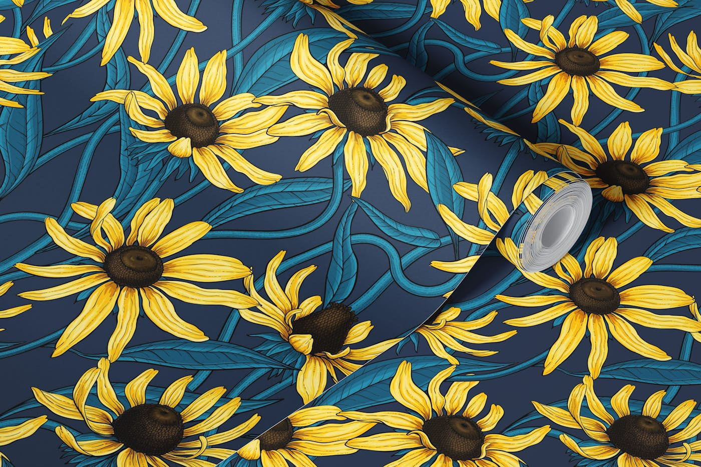 Yellow Rudbekia on navy wallpaper roll