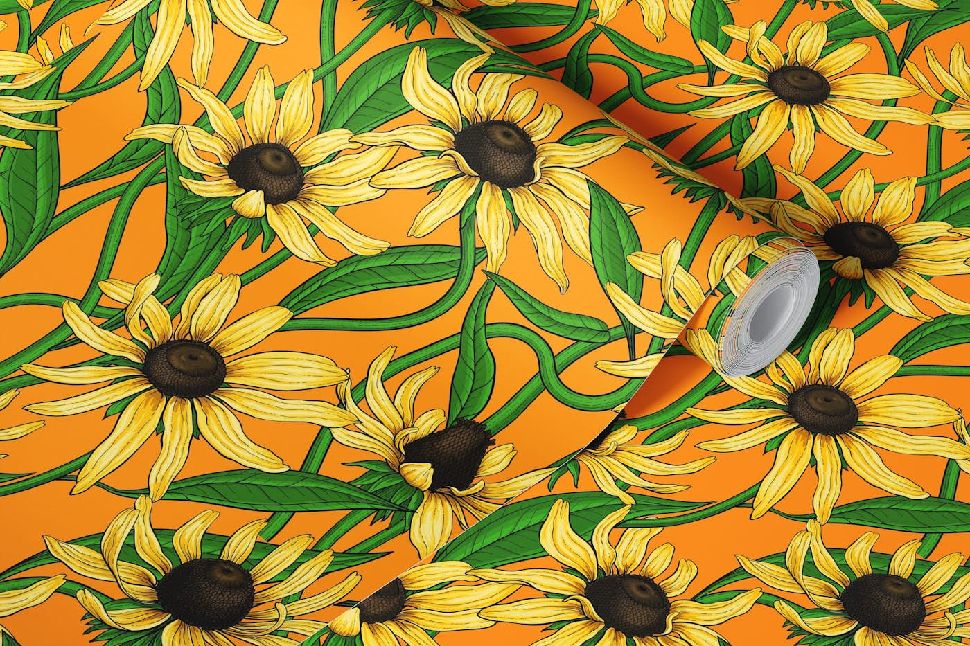 Yellow Rudbekia on orange wallpaper roll