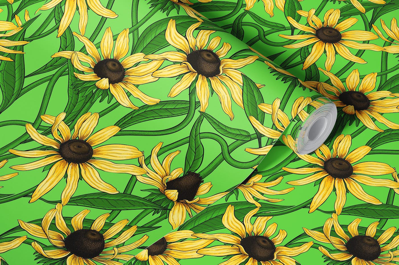 Yellow Rudbekia on green wallpaper roll