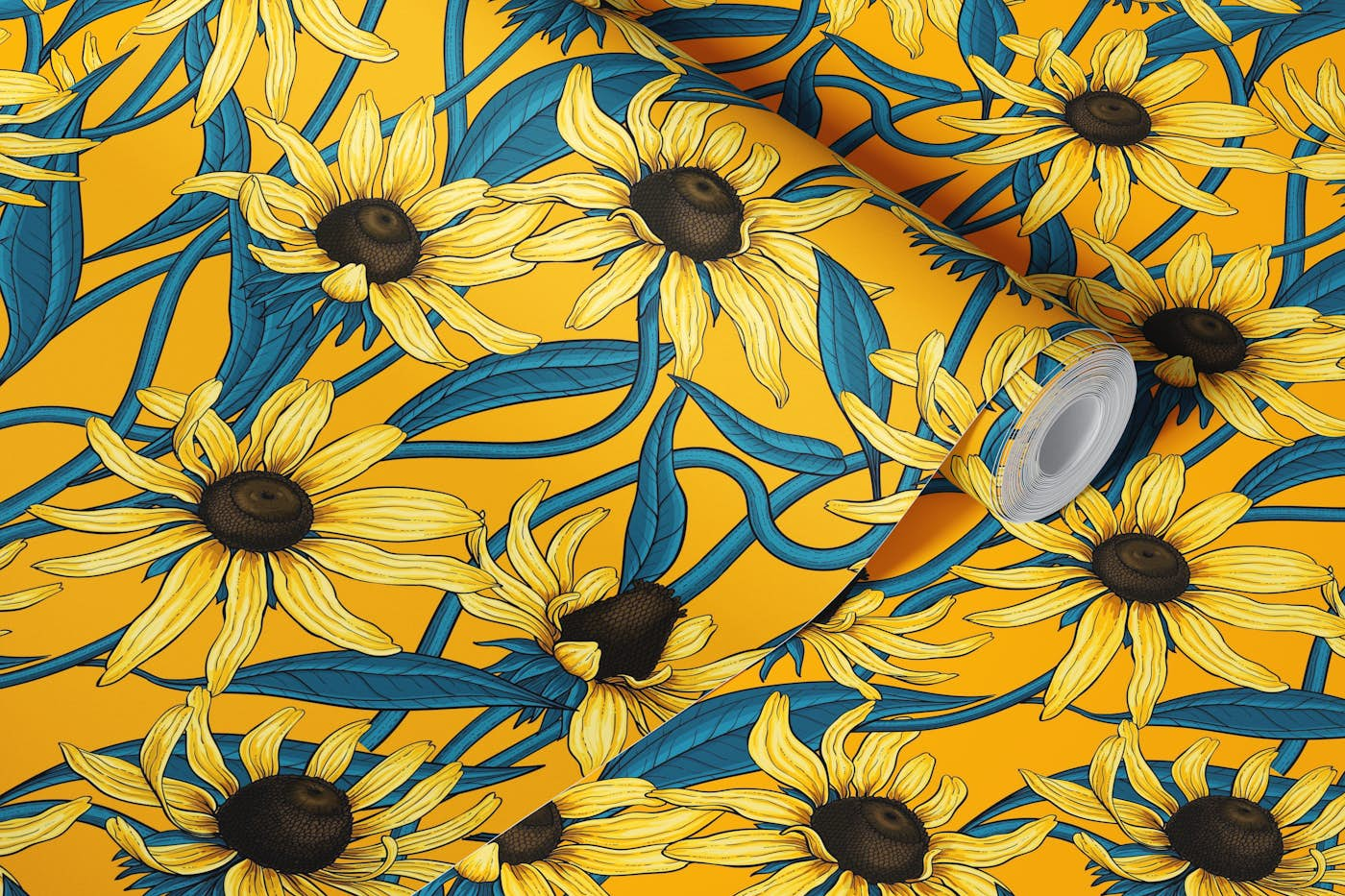 Yellow Rudbekia on yellow wallpaper roll