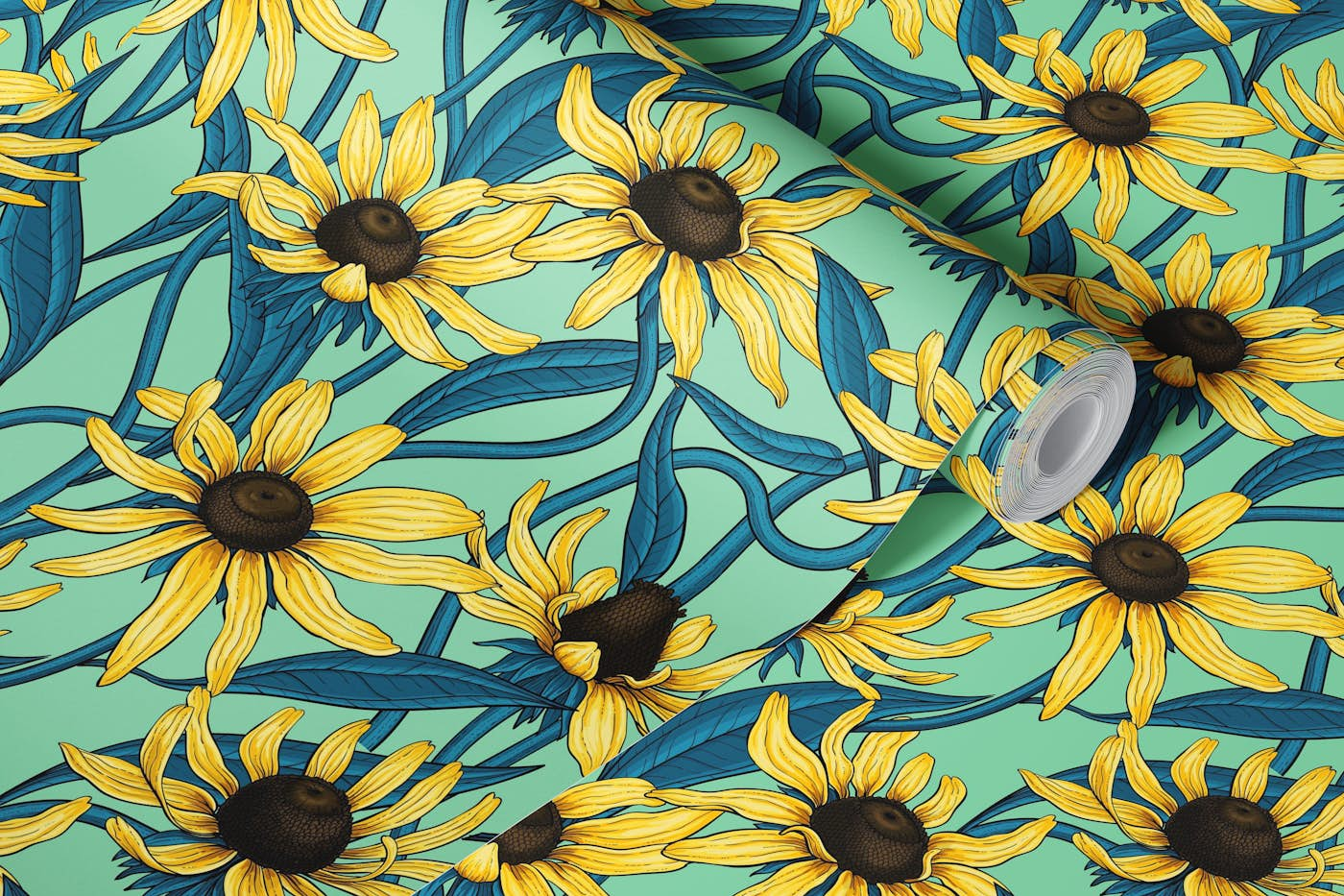 Yellow Rudbekia on jade green wallpaper roll