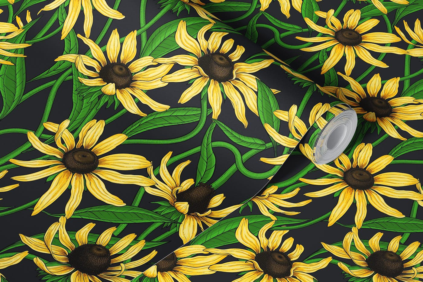 Yellow Rudbekia on black wallpaper roll