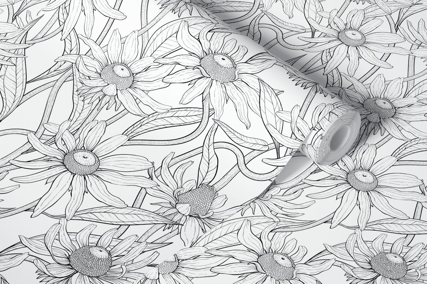 Rudbekia in black and white wallpaper roll