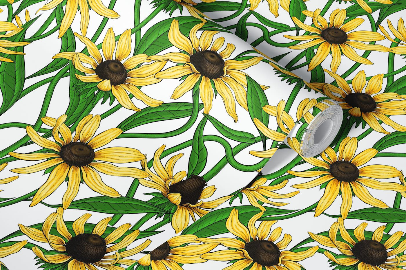 Yellow Rudbekia on white wallpaper roll