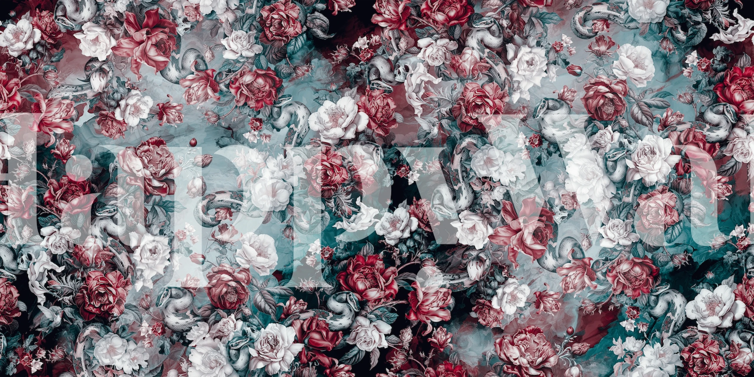 Skull and serpent-infused rose pattern wall mural from happywall.com