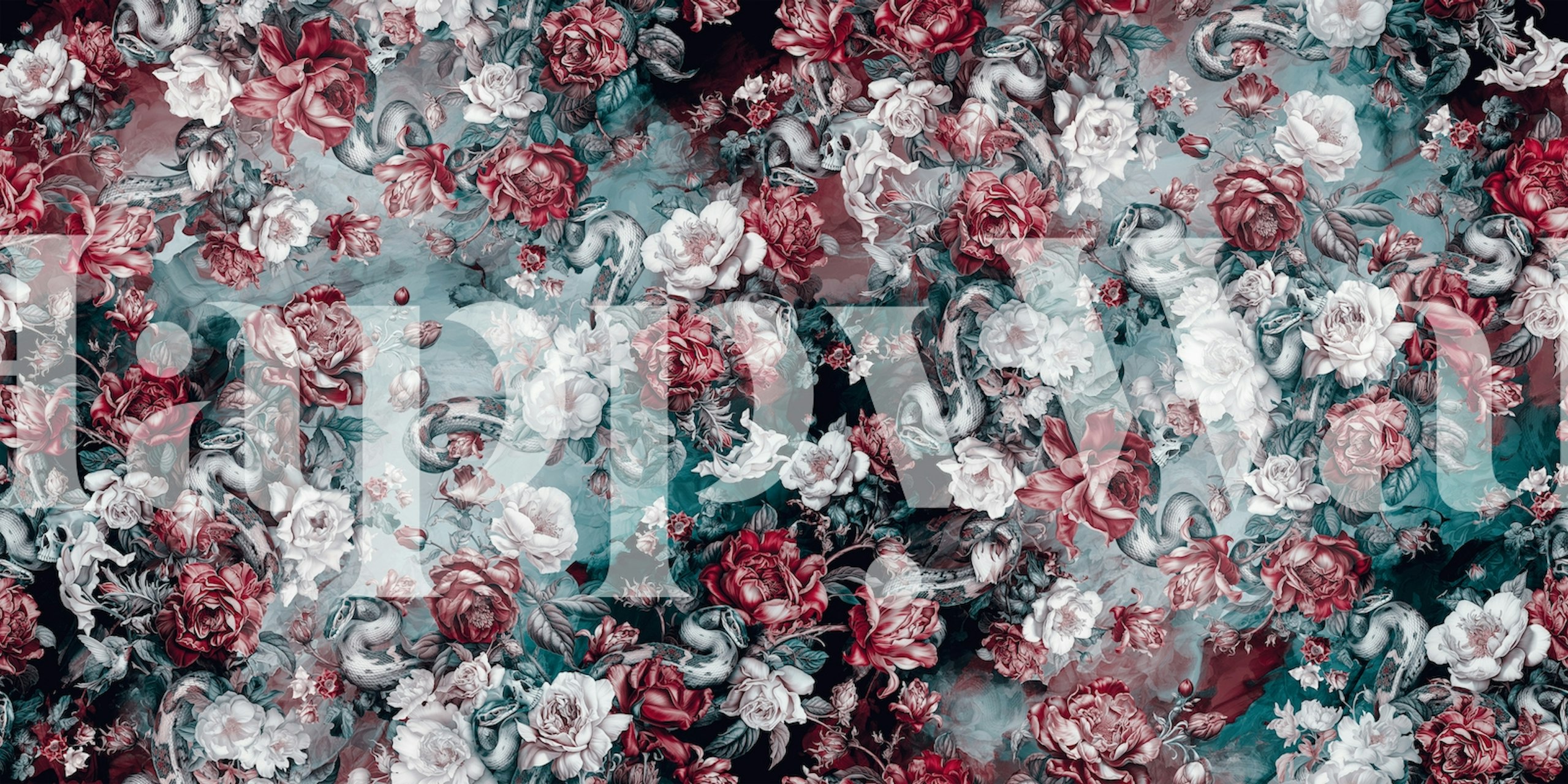 Skull and serpent-infused rose pattern wall mural from happywall.com