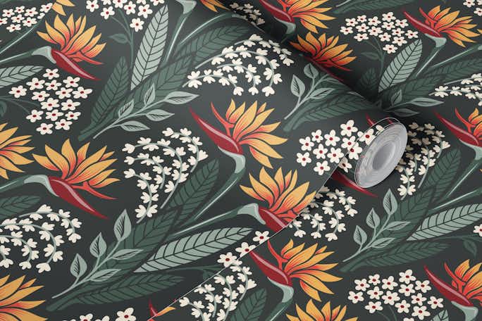 2304 - strelitzia / bird of paradise flowers pattern / dark greenwallpaper roll
