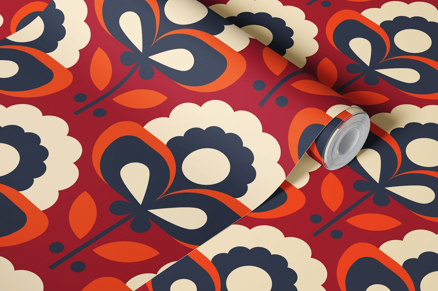 2709 A - retro flowers, red wallpaper roll