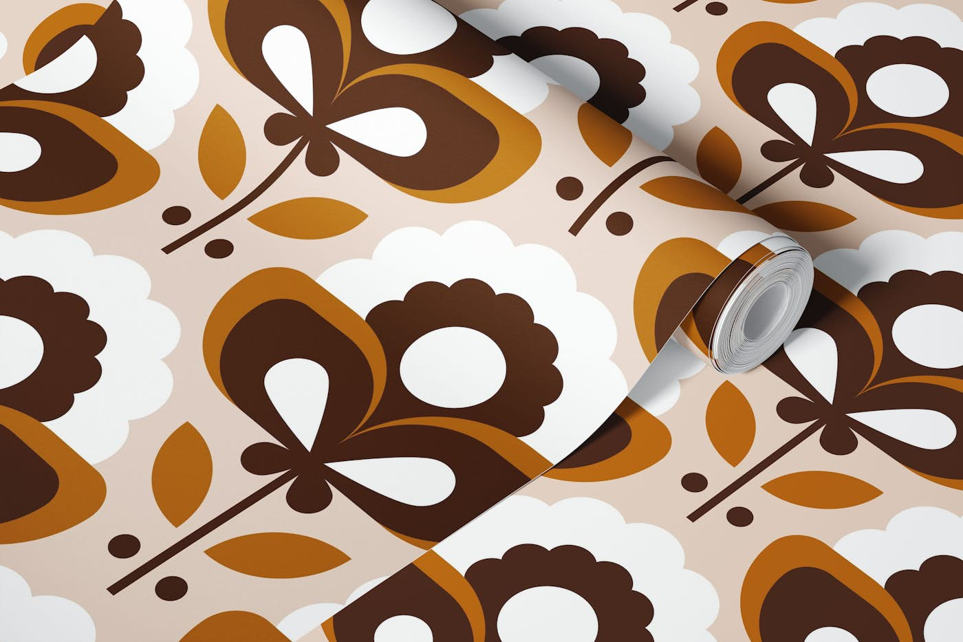 2709 B - retro flowers, creme / beige / brown wallpaper roll