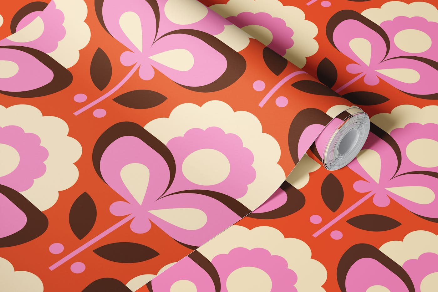 Retro pink orange flowers / 2709 C wallpaper roll