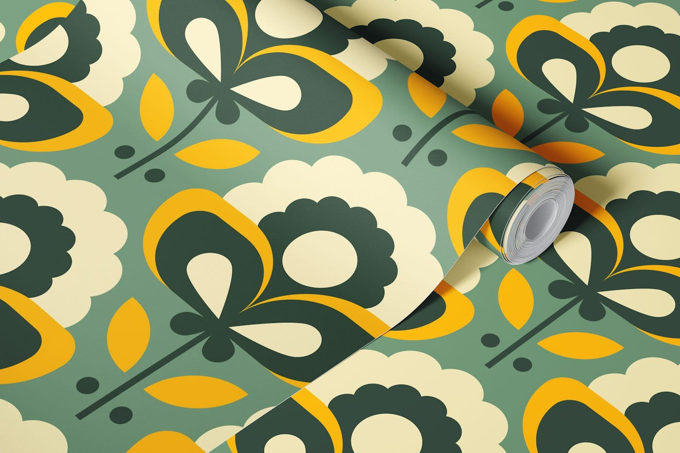 Retro daisies pattern / yellow sage green (2709 D) wallpaper roll