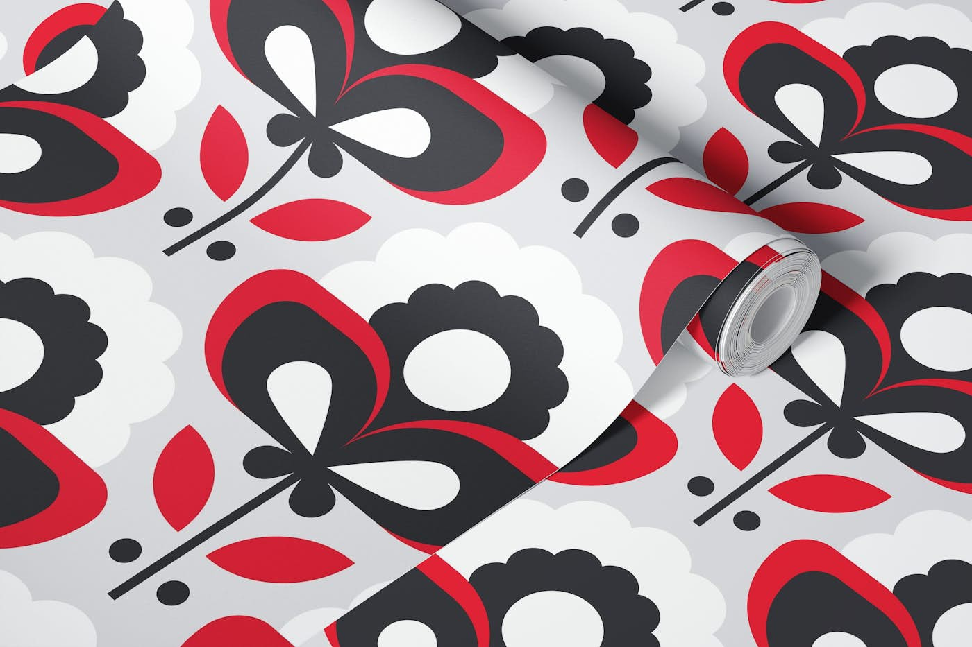 Retro daisies, red / black / white (2709 F) wallpaper roll