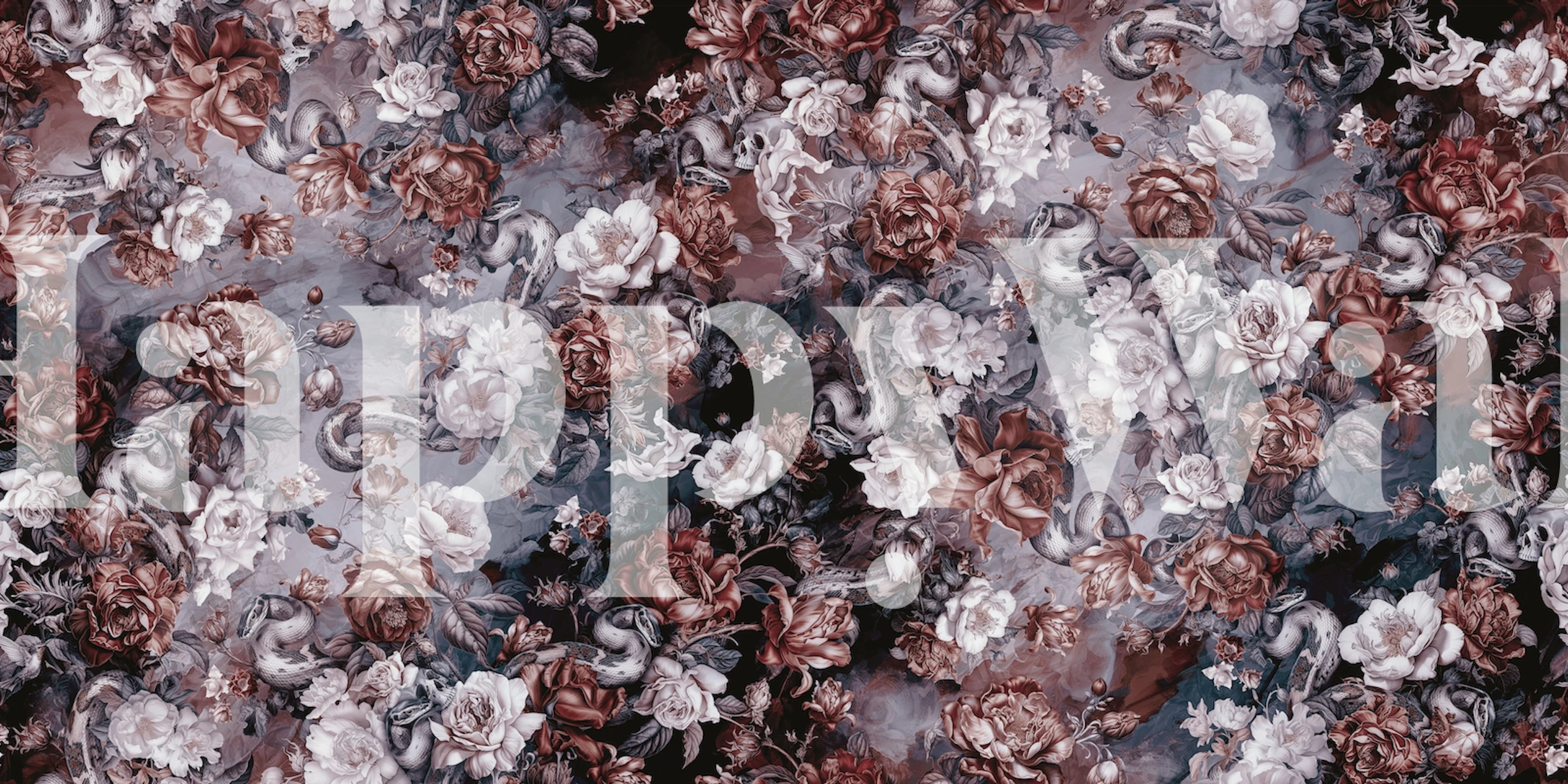 Tapeta Skull a serpent v květinovém vzoru