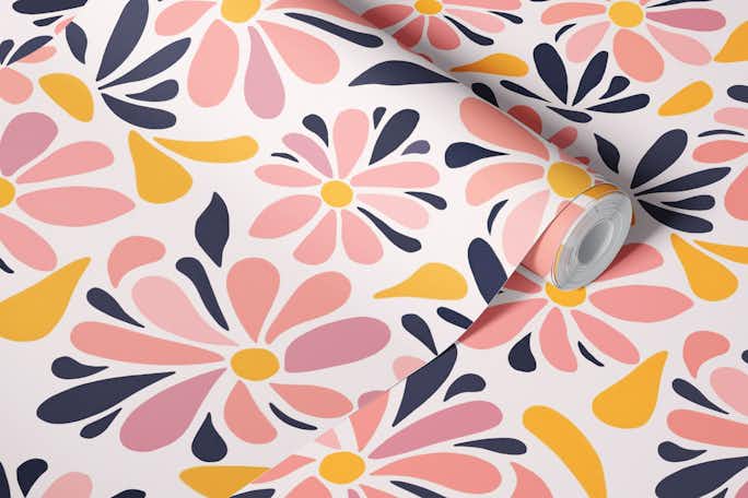 Retro Pink And Yellow Groovy Flower Meadowwallpaper roll