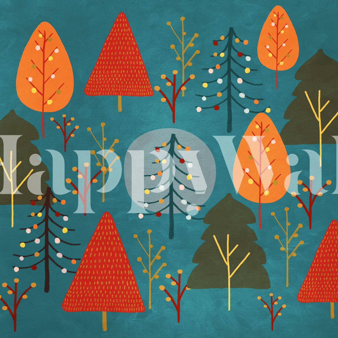 Colorful trees and decorative foliage on teal wallpaper