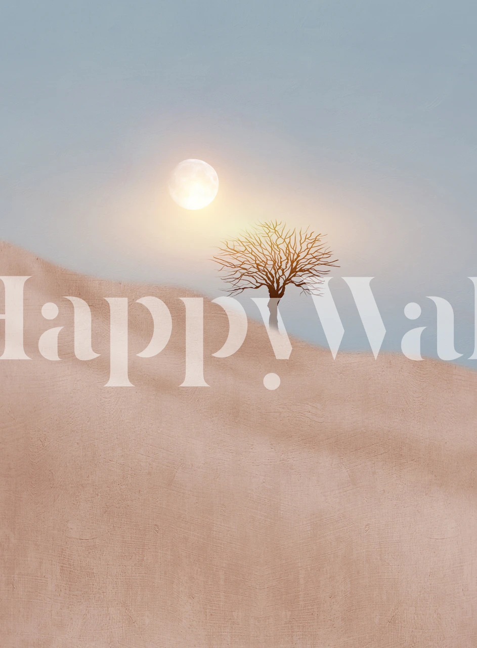 Solitary tree on a pastel beige backdrop under a soft sunlit sky wall mural