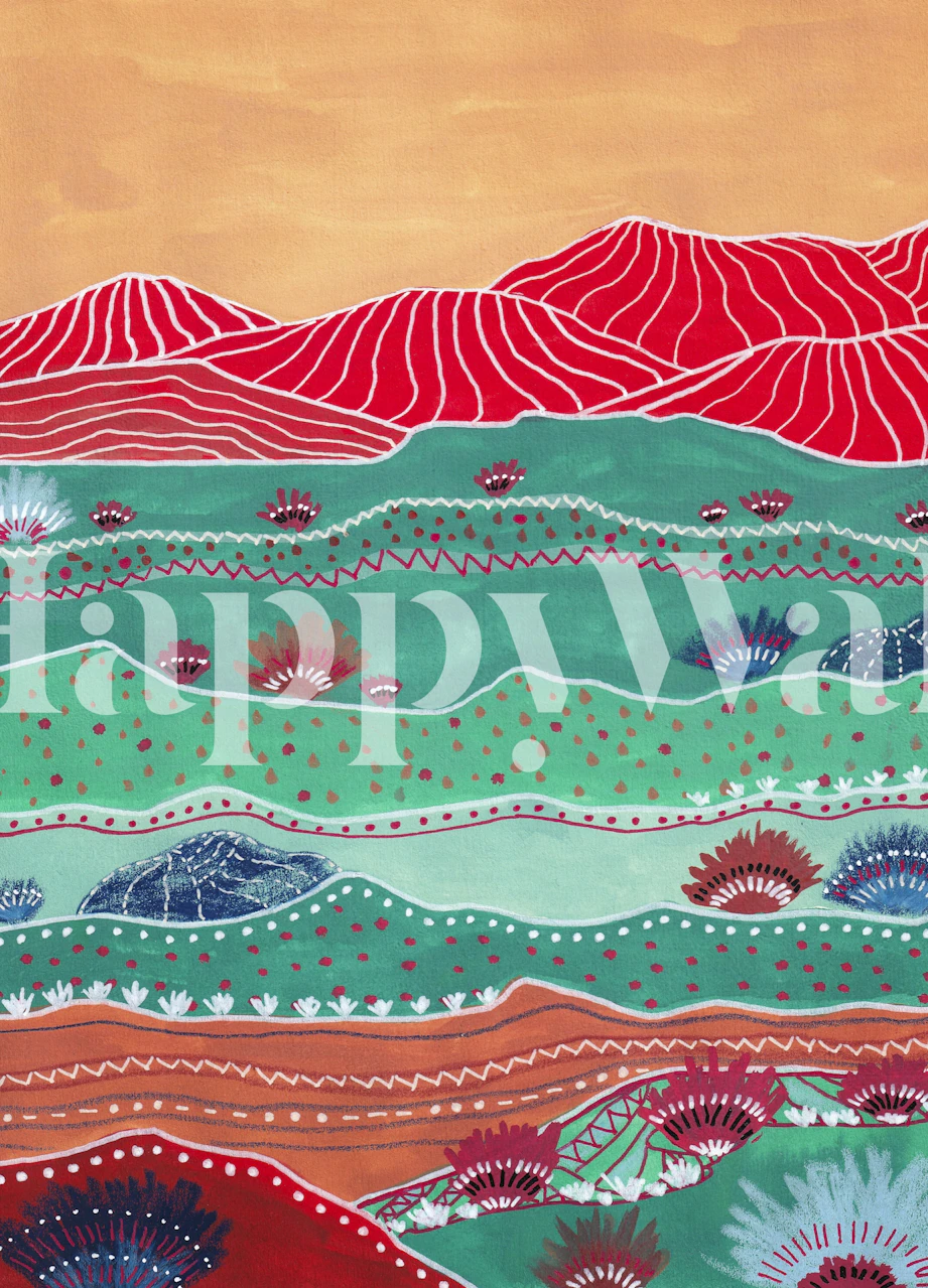Boho style wall mural depicting a layered landscape of red mountains and textured patterns in warm hues.
