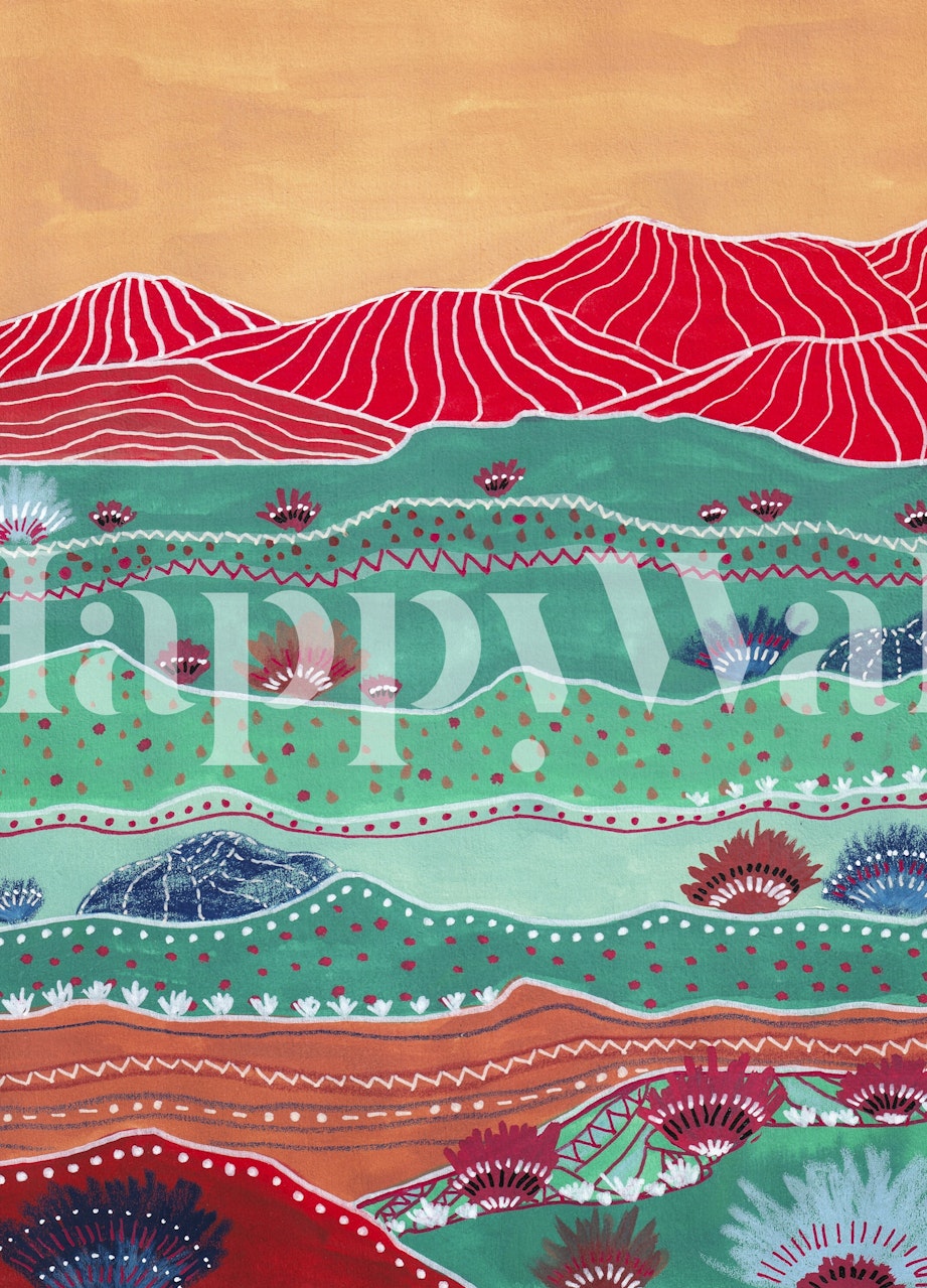 Fototapeta ve stylu boho zobrazující vrstvenou krajinu červených hor a texturovaných vzorů v teplých odstínech.