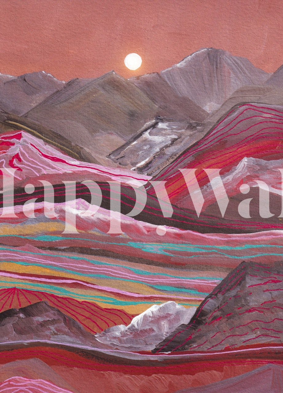 Papier peint artistique représentant des montagnes colorées à rayures arc-en-ciel sous une pleine lune