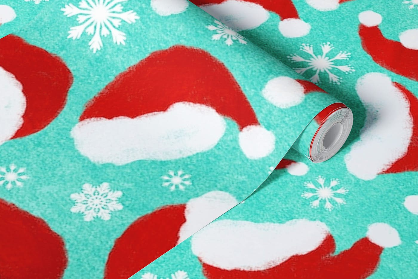 Santa Hats on Light Blue Background wallpaper roll