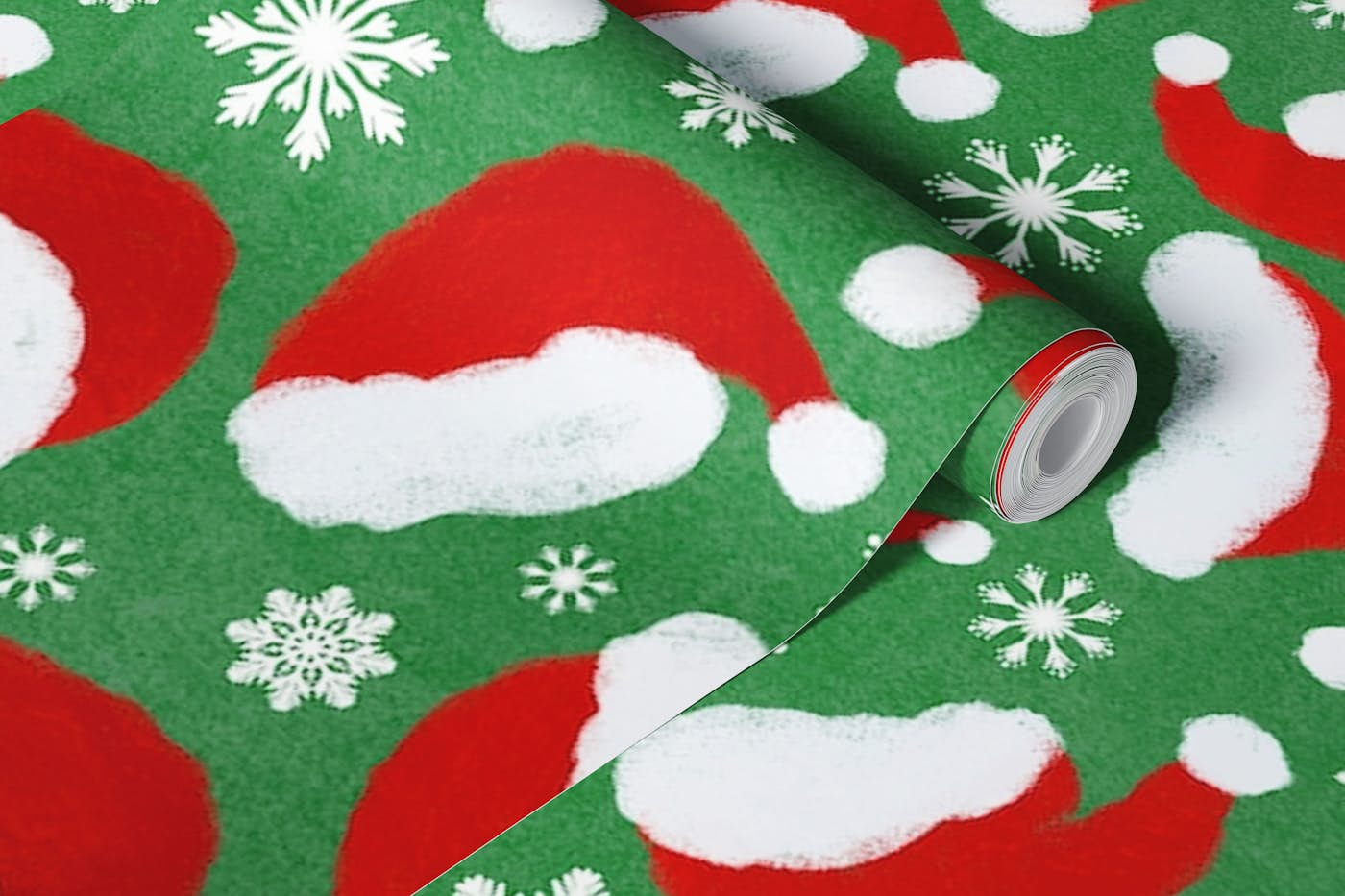 Santa Hats on Green Background wallpaper roll