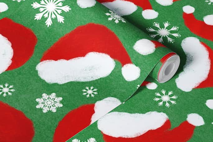 Santa Hats on Green Backgroundwallpaper roll