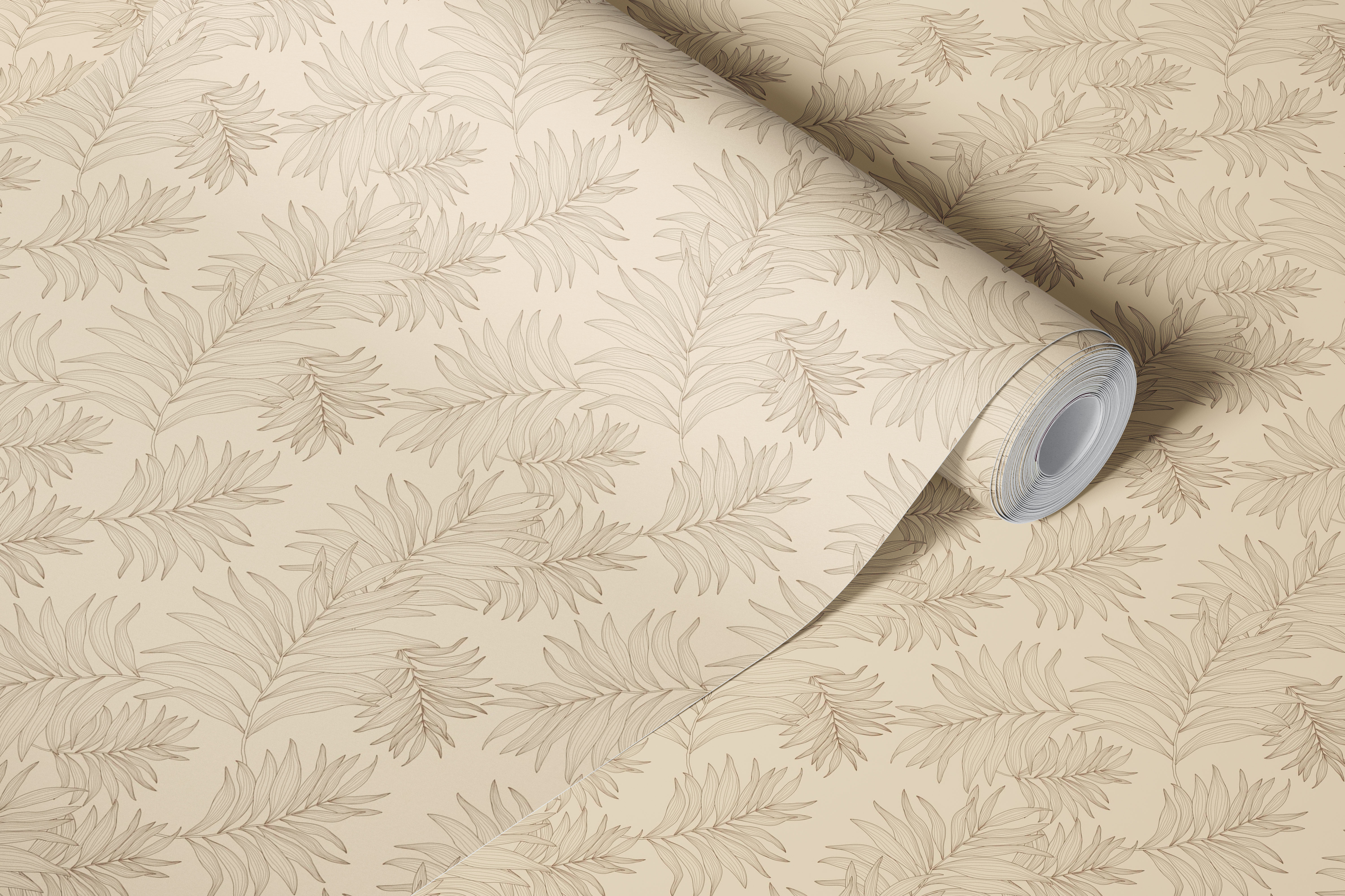 Cream leaves pattern on soft beige background wallpaper