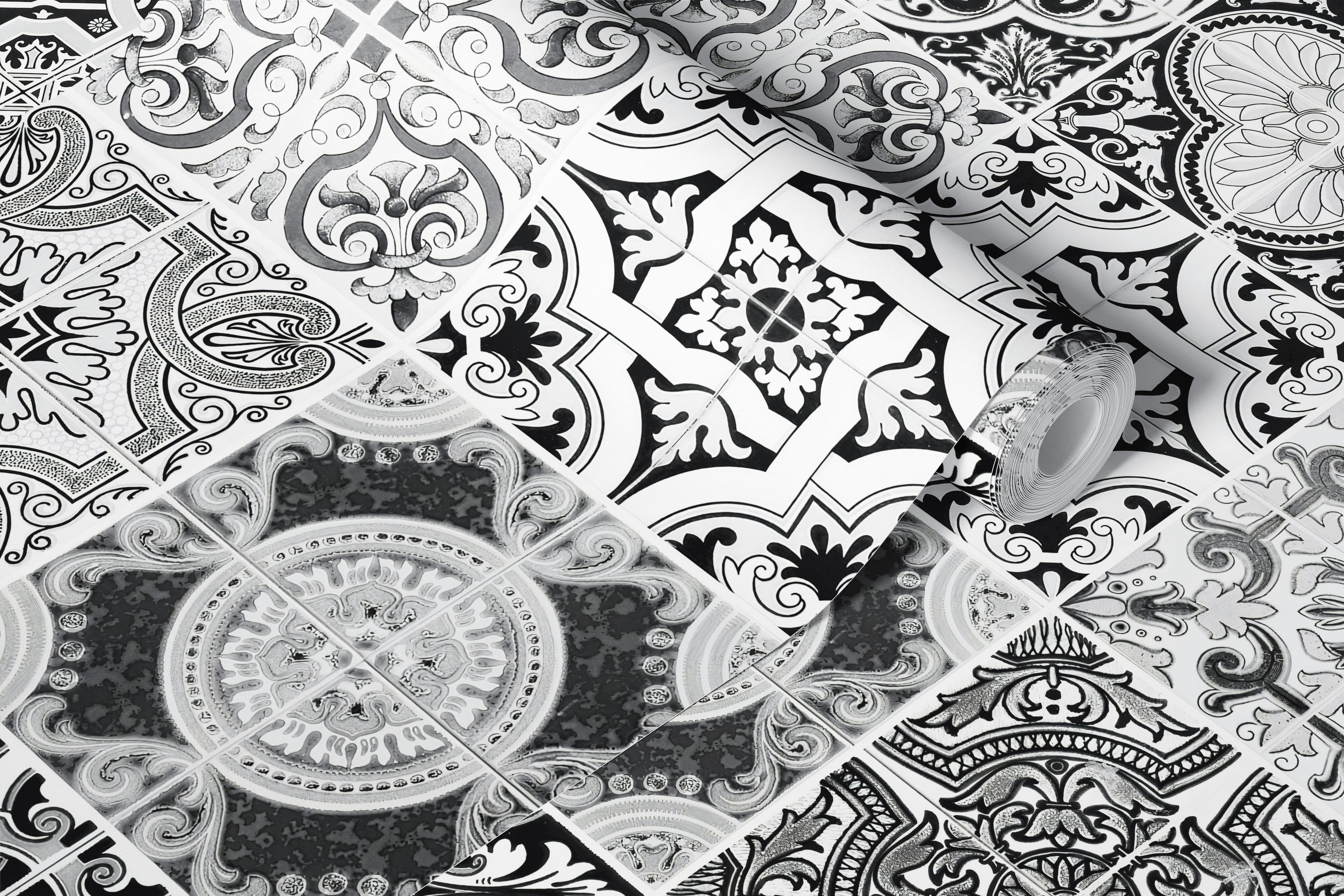 Moroccan tile pattern wallpaper in black and white colors