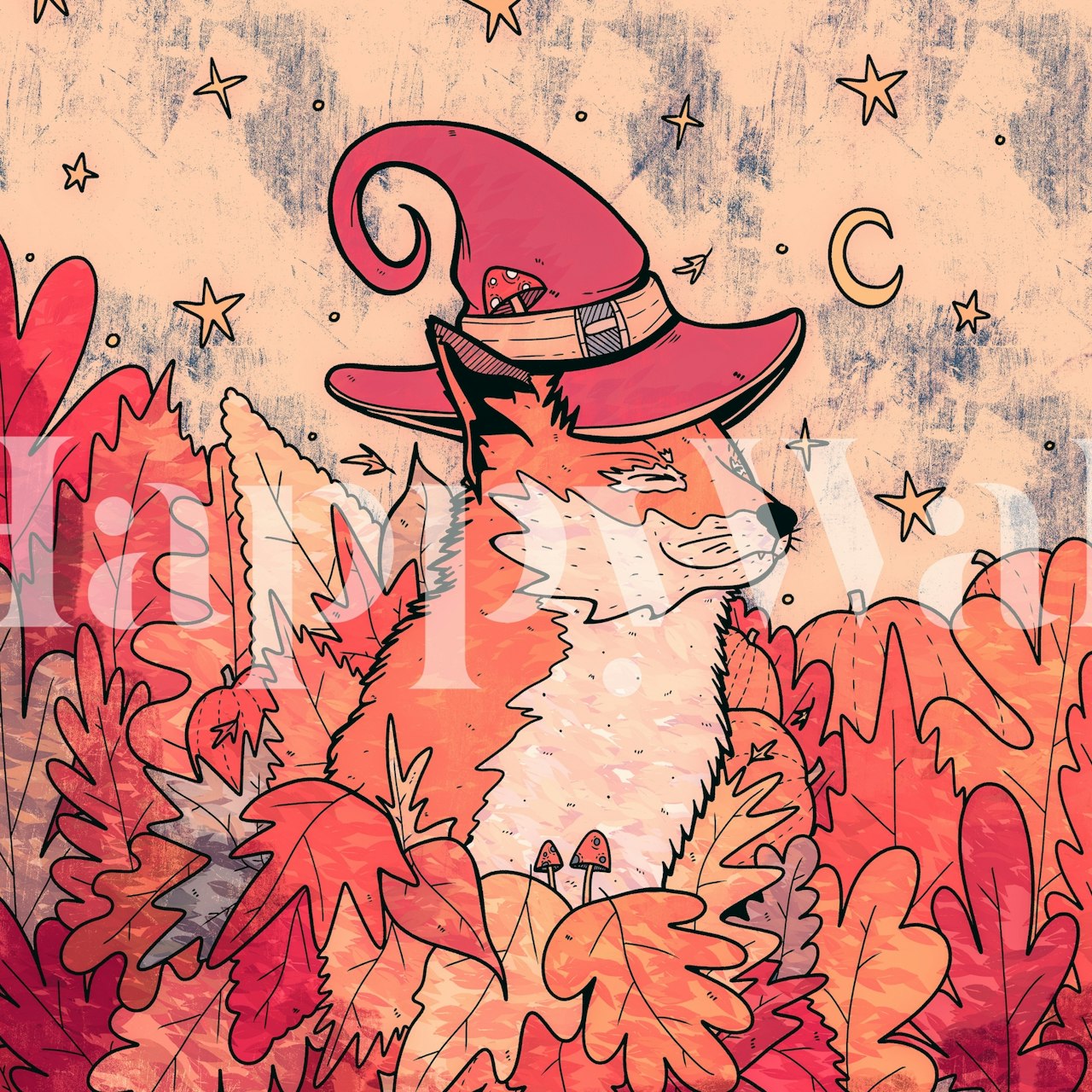 Whimsical fox wearing a hat among red leaves and stars wallpaper