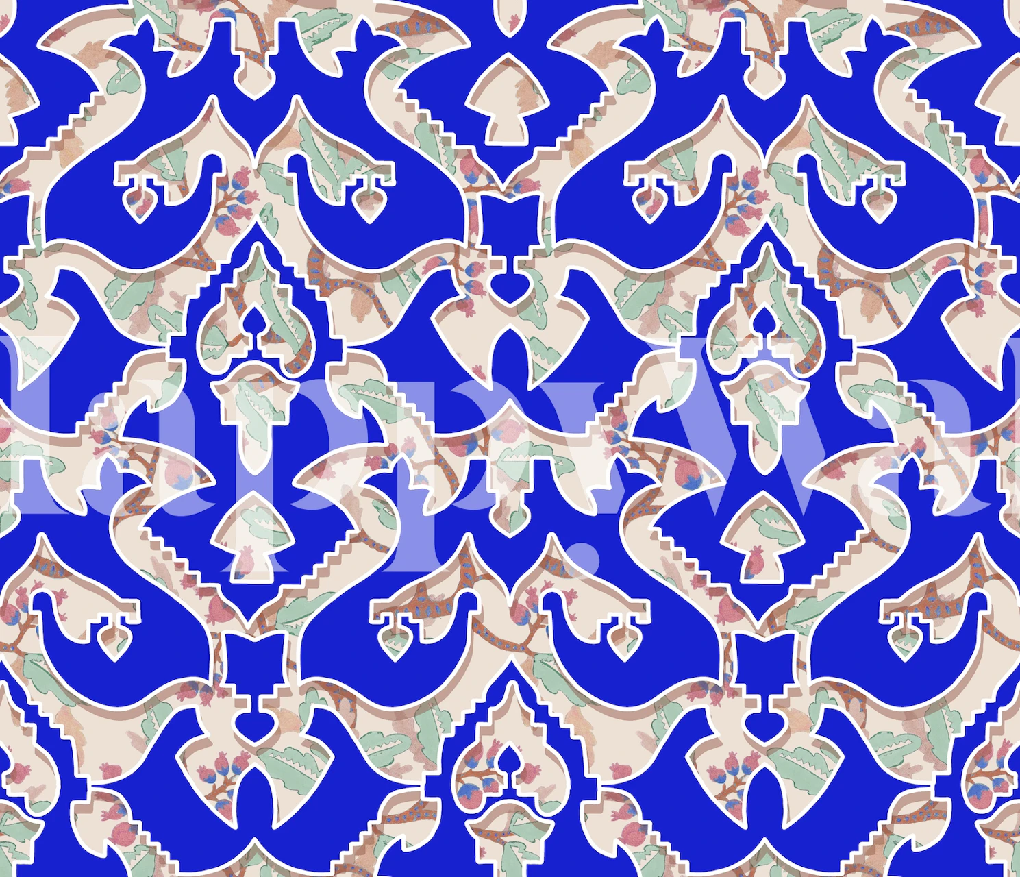 Motif de papier peint Eclectic blue présenté dans une pièce