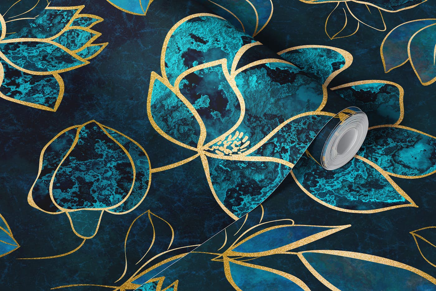 Elegant And Fancy Fantasy Flower Pattern In Turquoise Gold wallpaper roll