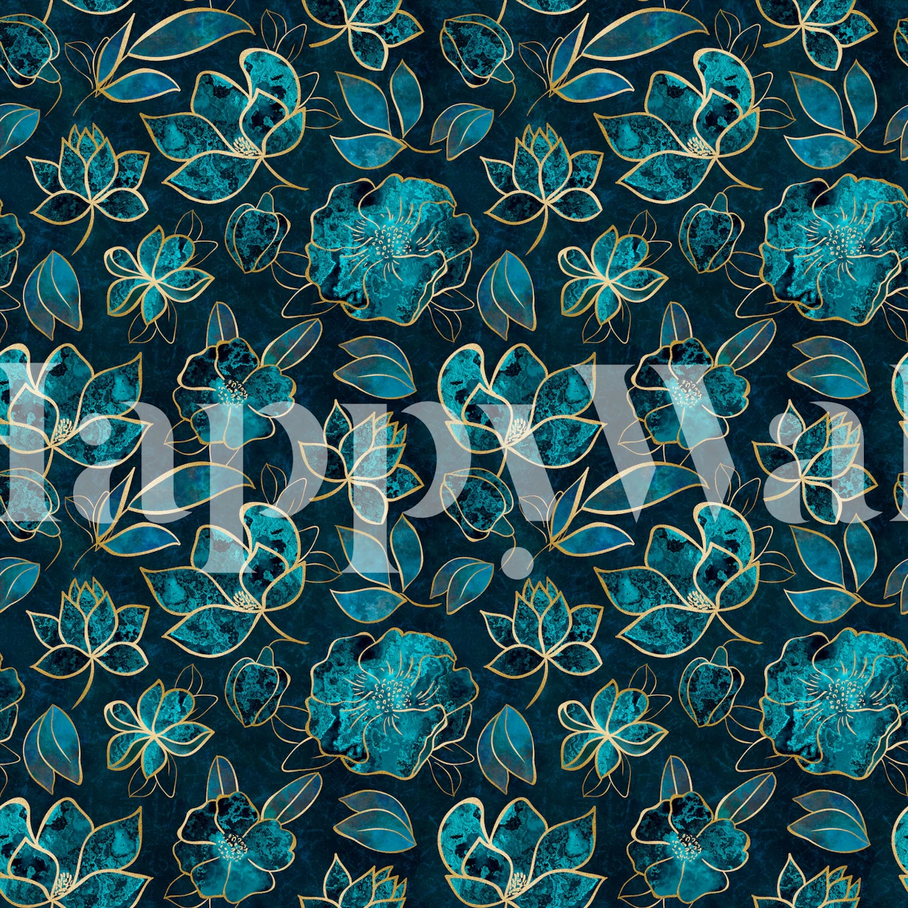 Elegant and fancy turquoise and gold floral pattern on a dark background for a wall mural.
