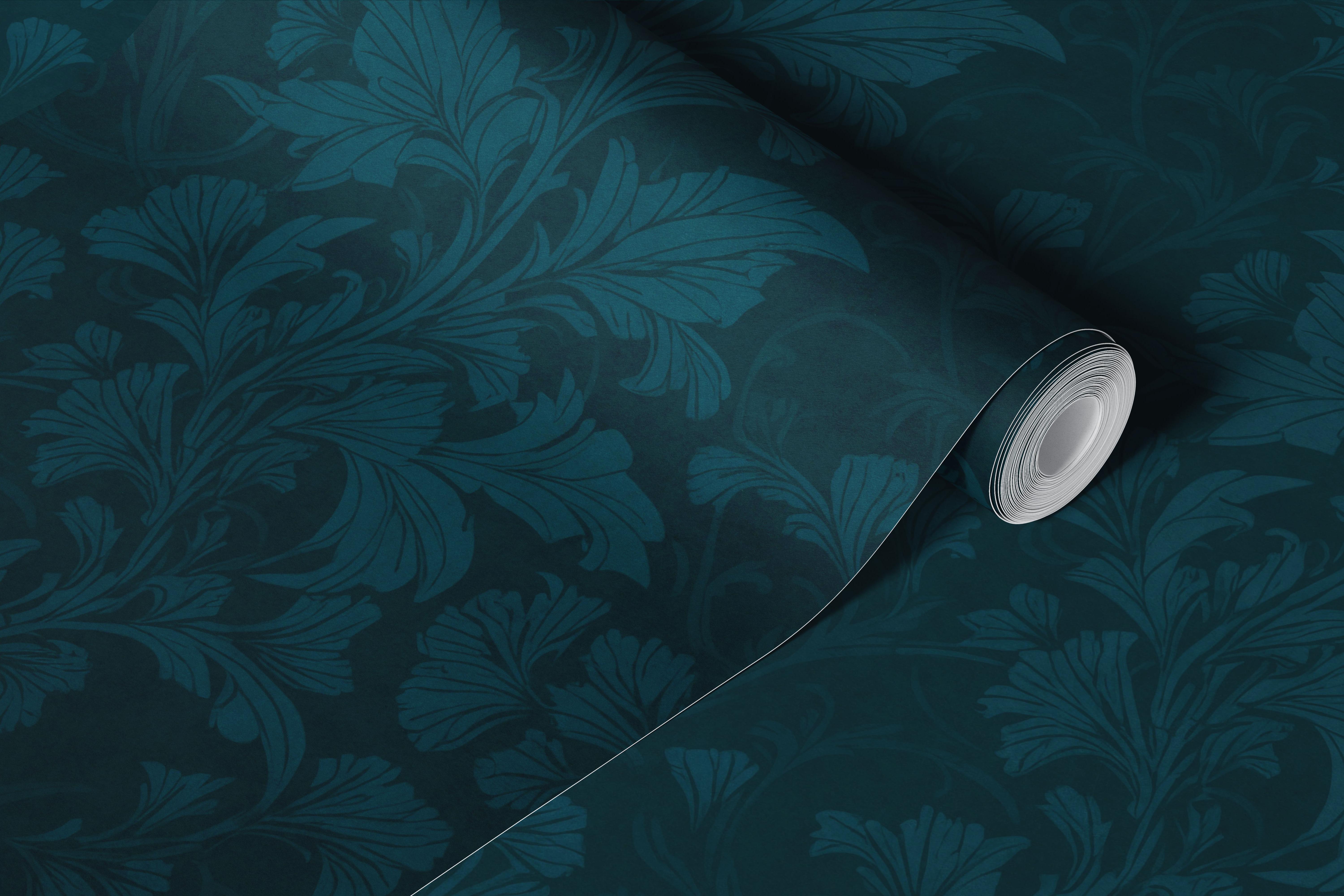 William Morris style monochrome flourish damask pattern wall mural in emerald teal