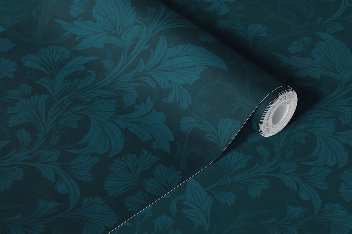 William Morris Style Monochrome Flourish Damask Pattern Emerald Teal wallpaper roll