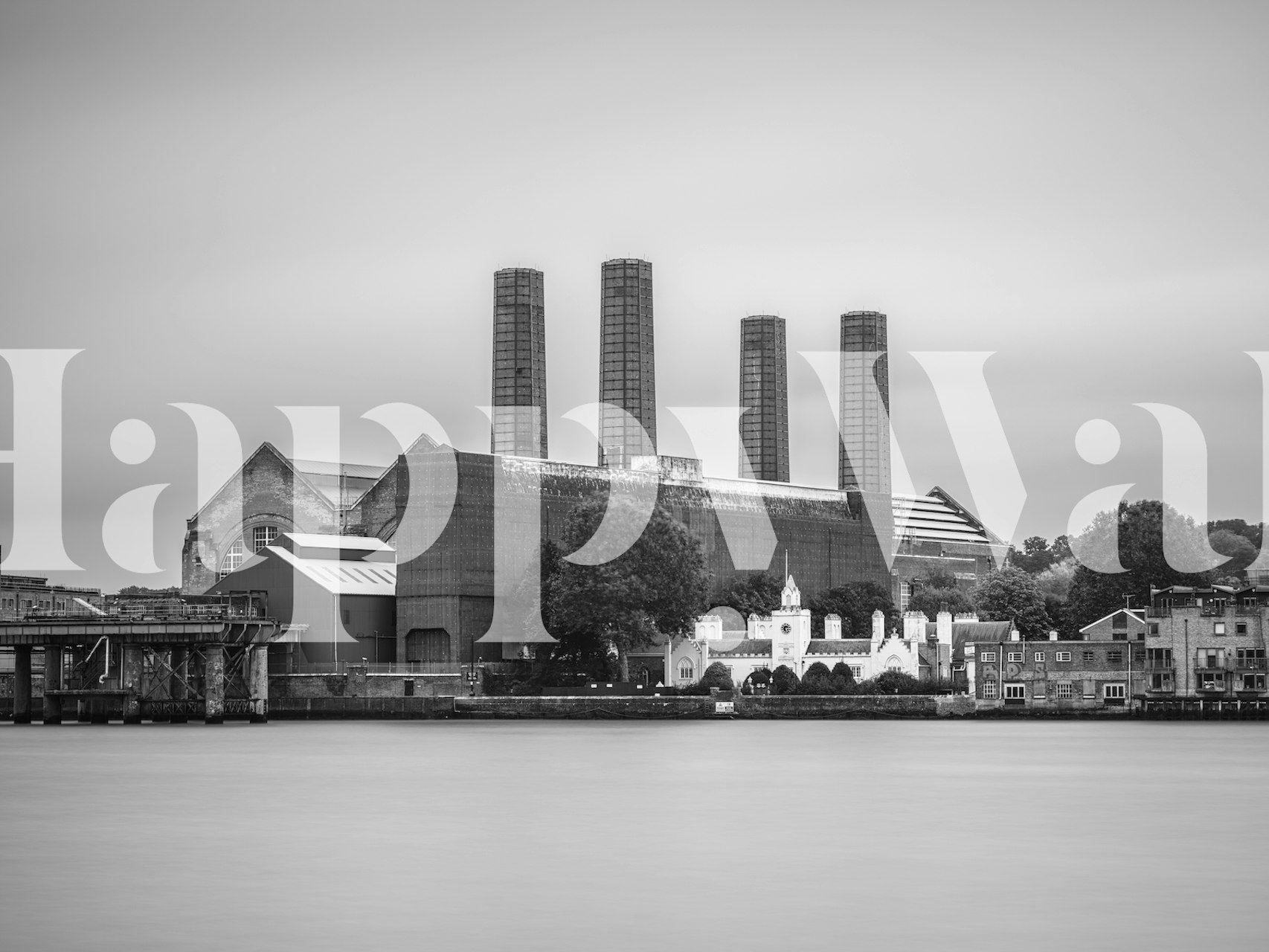 Black and white wall mural of Greenwich Power Station with a classic industrial look